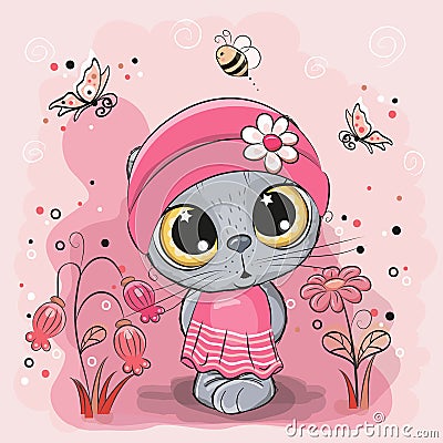 Kitten on a meadow with flowers and butterflies Vector Illustration