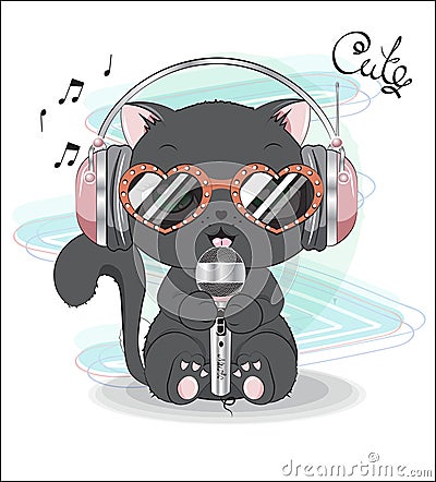 Kitten with microphone, earphones and sunglasses Vector Illustration