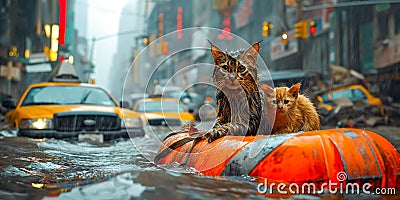 A kitten with a mouse on its makeshift raft, surveys the urban landscape amidst a city flood, encapsulating a moment of calm and Stock Photo