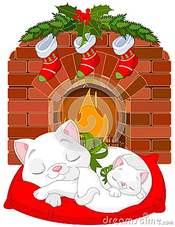 Kitten near Fireplace Vector Illustration
