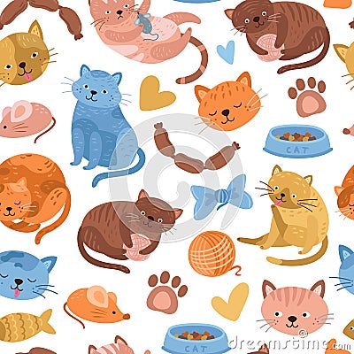 Kitten pattern. Cartoon cat, cute animal seamless background. Doodle fun pets print, childish or veterinary textile Vector Illustration