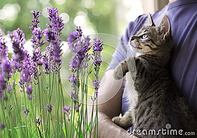 Kitten playing with insects on flowers Stock Photo