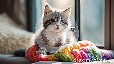 kitten playing with yarn An innocent kitten with fluffy gray and white fur, playfully wrapped in a rainbow colored yarn, Stock Photo