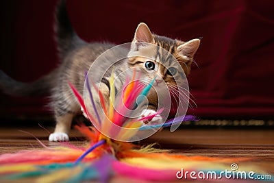 kitten pouncing on colorful feather toy Stock Photo