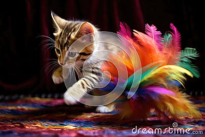 kitten pouncing on a colorful feather toy Stock Photo