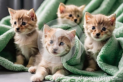 Kitten puppies nestled in a colorful fluffy blanket Stock Photo