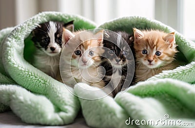 Kitten puppies nestled in a colorful fluffy blanket Stock Photo