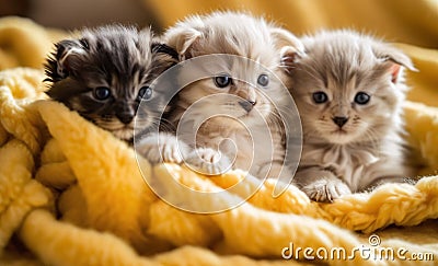 Kitten puppies nestled in a colorful fluffy blanket Stock Photo