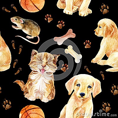 Kitten, puppy and mouse seamless pattern Cartoon Illustration