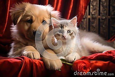 a kitten and a puppy sharing a bed Stock Photo
