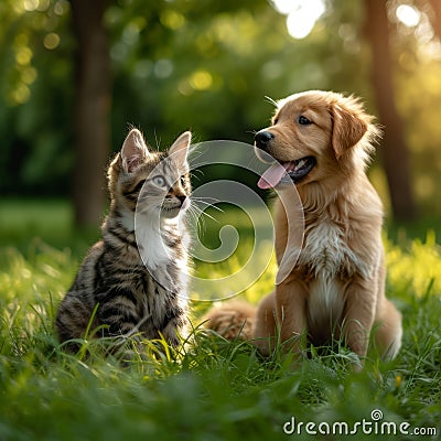 A kitten and a puppy sitting together on grass, bathed in soft sunlight, showcasing a moment of animal friendship. Stock Photo