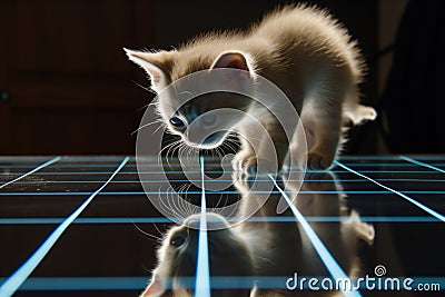 kitten reflected on a shiny surface with ethereal blue grid lines Stock Photo