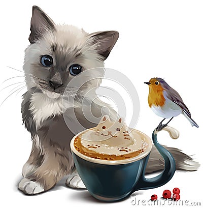 Kitten, Robin bird and Cup of cappuccino Stock Photo