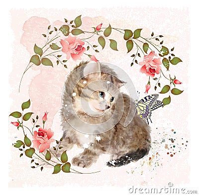 Kitten with roses and butterfly. Vector Illustration