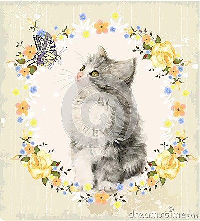 kitten, roses and butterfly. Vector Illustration
