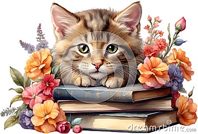 Kitten with stack of books. Ai-Generated. Stock Photo