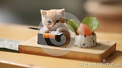 Kitten and sushi on the table in the restaurant. Stock Photo