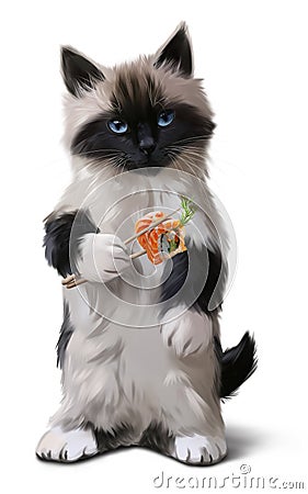 Kitten and sushi watercolor drawing Stock Photo