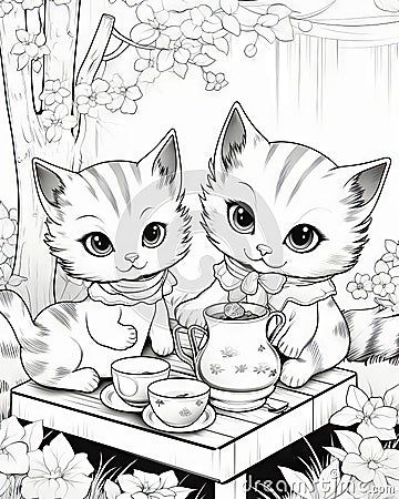 Kitten Tea Party Coloring Book Page Stock Photo