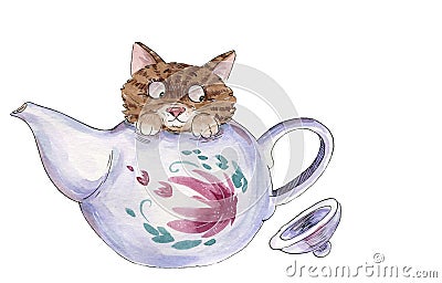 A cute little kitten hiding in a teapot Cartoon Illustration