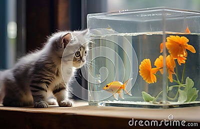 The kitten watches the fish in the aquarium. Stock Photo