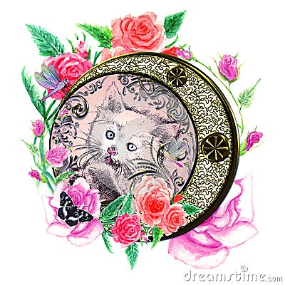 Kitten with watercolor roses Cartoon Illustration