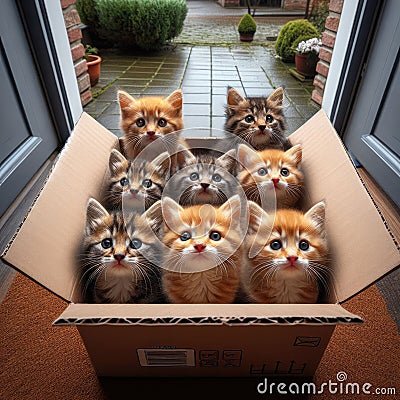 Kittens abandoned in cardboard on front doorstep Stock Photo