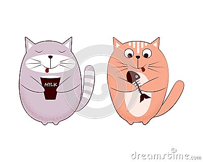 Kittens. Cute cartoon cats. Two cats with milk and fish in their paws. Children s illustration with cats in cartoon Vector Illustration