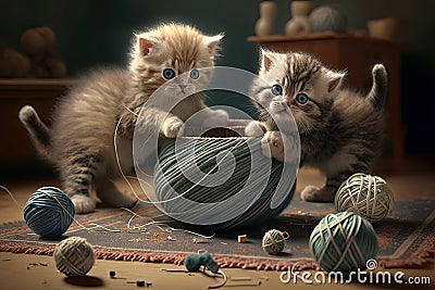 kittens playing with ball of thread and weaving crazy patterns on the floor Stock Photo