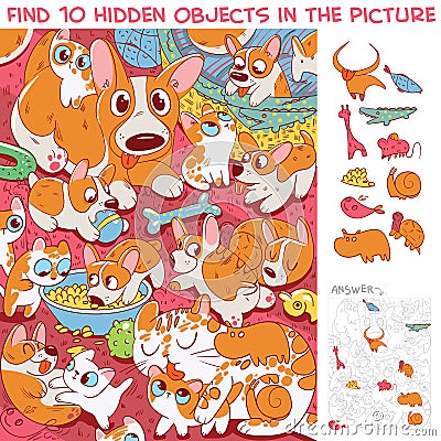 Kittens and puppies having fun together. Find 10 hidden objects Vector Illustration