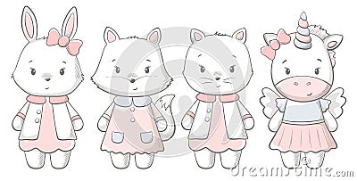 Kitty, bunny, fox, ponu cute print. Sweet baby Vector Illustration