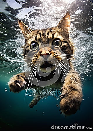 Feline Frenzy: A Tiny Kitten's Thrilling Dive into the Deep Blue Stock Photo