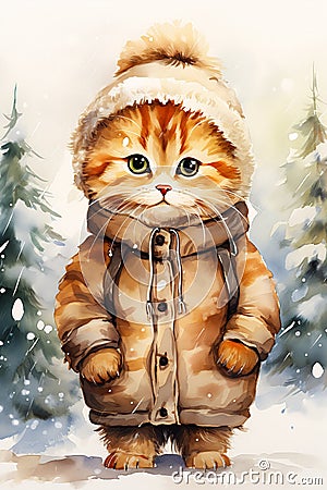 Kitty Cat Kitten Winter Coat Standing Snow Trend Icon Look Carto Stock Photo