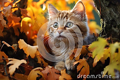 Kitty finds a cozy spot amidst falls golden foliage on tree Stock Photo