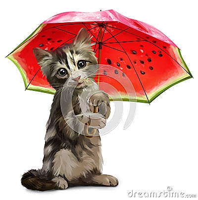 Kitty holds a red umbrella Stock Photo