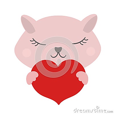 Kitty with red heart, vector illustration of Valentine's day. Icon element on white background, hand drawn. Vector Illustration