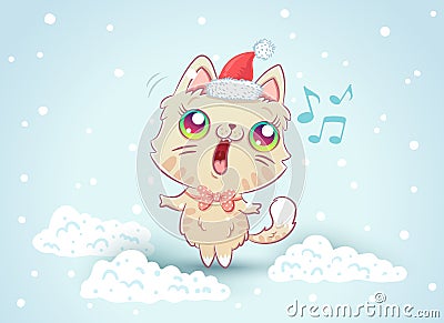 Kitty on snow in kawaii style Vector Illustration