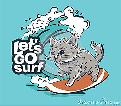 Kitty surfer adventure cool summer t-shirt print. Cat ride surfboard on wave Vector Illustration