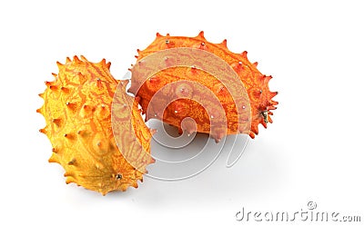 Kiwano fruit or Horned melon close up. Fresh and juicy African horned cucumber or jelly melon Stock Photo