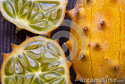 Kiwano fruit Horned melon is known by such names as African horned melon or melon, jelly melon, hedged gourd, English Tomato, Stock Photo