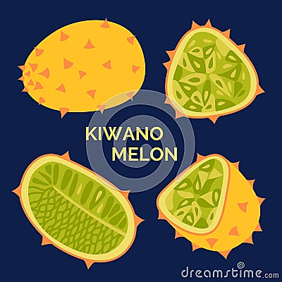Kiwano melon fruit logo isolated on the dark background. Set of exotic Horned melon icons. Vector cartoon illustration with whole Vector Illustration