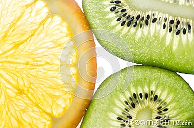 Kiwi fruit, orange in a cut white background Stock Photo