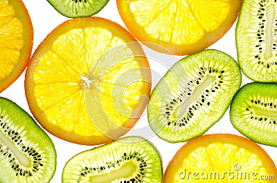 Kiwi fruit, orange in a cut white background Stock Photo