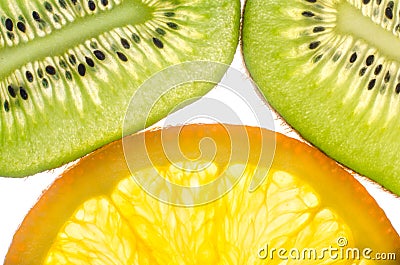 Kiwi fruit, orange in a cut white background Stock Photo