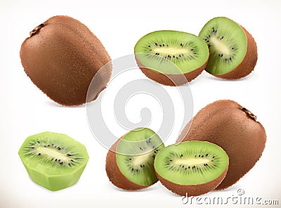 Kiwi fruit. Whole and pieces. Sweet fruit. Vector icons set. Realistic illustration Vector Illustration