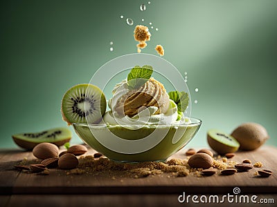 Kiwi ice cream, floating, delicious refreshing treat gelato. High vitamins and minerals, cinematic advertising photography Stock Photo