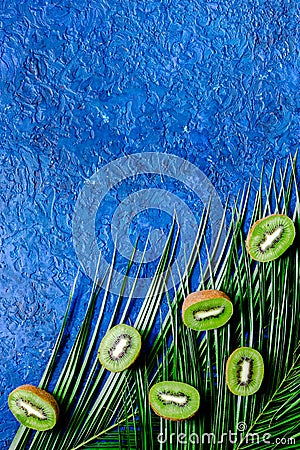 Kiwi and palm branch on blue background top view copyspace Stock Photo