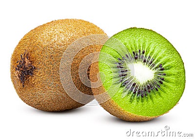 Kiwi. Ripe Kiwi fruit and half kiwifruit isolated on white background. Sliced juicy kiwi. Macro high quality Stock Photo