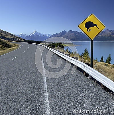 Kiwi Road Sign - New Zealand - Mt Cook Stock Photo