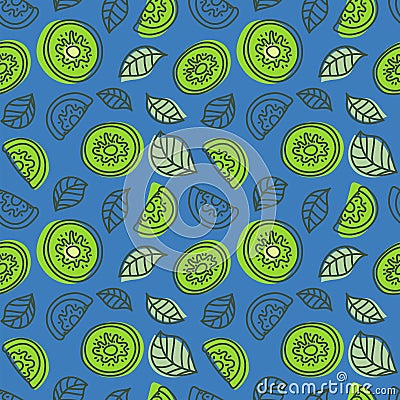 Kiwi seamless pattern. Hand drawn fresh tropical fruit. Multicolored vector sketch background. Colorful doodle wallpaper. Green Vector Illustration